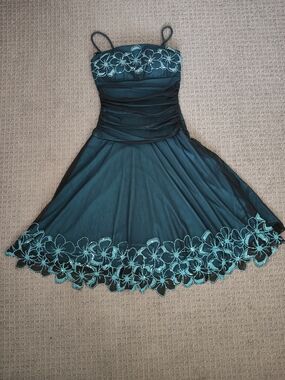Teal Floral Embroidered Spaghetti Strap Dress
